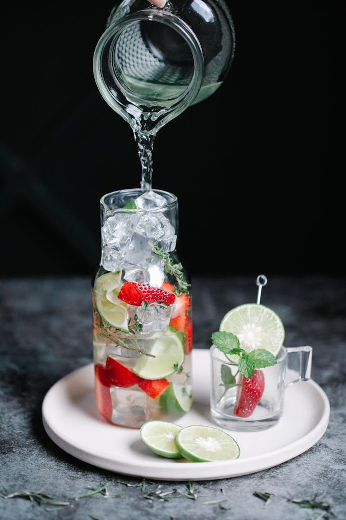 about-img Close-up of infused water with fresh fruit and ice in a glass pitcher being poured.